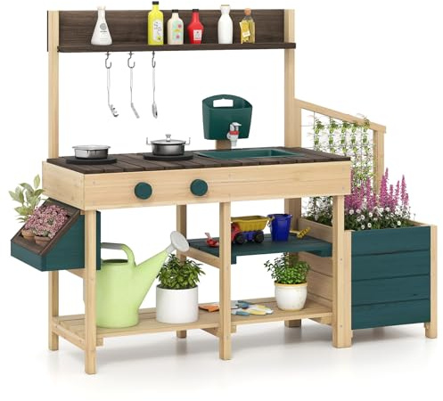 COSTWAY Matschküche Kinder Outdoor, Kinderküche mit Pflanzkasten & Rankgitter, Holzküche mit Wasserfunktion, Garten Spielküche, Outdoorküche inkl. Zubehör für Kinder ab 3 Jahren (Natur + Grün)