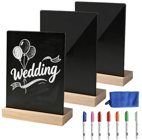 A4 Aufsteller Schiefertafel zum Beschriften, 3 Stück Acryl Kreidetafel mit Ständer Enthält 14 Farbstifte und ein Radiertuch Schiefertafel Zum Beschriften für Hochzeiten Partys, Tischdekoration, Bar, C