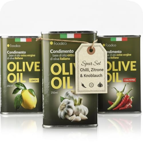 Foodico Olivenöl - Knoblauch, Chili & Zitrone | Extra Natives Oliven Öl aus Italien | kalt gepresst, Made in Italy | 3 × 250 ml