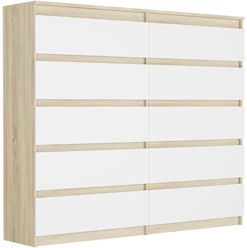 Framire Hohes Highboard Sonoma Eiche/Weiß 140x40x120 cm – breite Kommode mit 10 Schubladen, XXL Sideboard für Wohnzimmer, Schlafzimmer & Flur, Modern R-140-S10