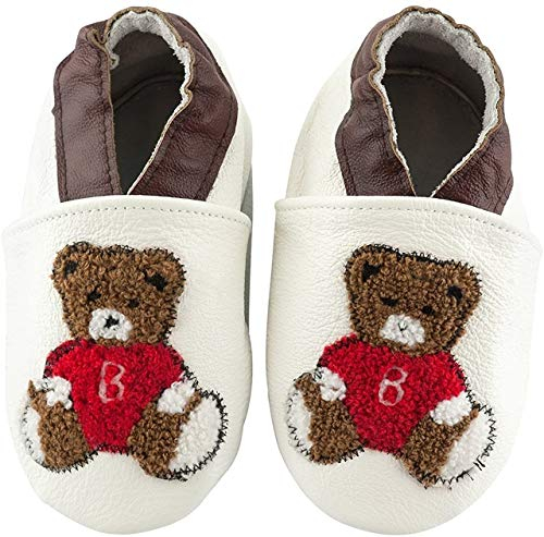 smileBaby Premium Leder Lauflernschuhe Krabbelschuhe Babyschuhe Weiß Teddybär 0 bis 6 Monate