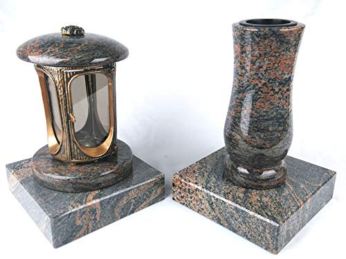 designgrab Grablampe aus messingfarbenem Aluminium in Antikoptik und Grabvase und 2 Stück Sockel eckig in Granit Gneis Halmstad