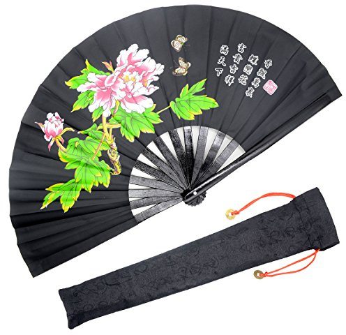 OMyTea Performance Large Hand Folding Fan - Chinese/Japanese Kung Fu Tai Chi Handheld Fan for Men/Women - For Decorations/Dancing/Fighting/Gift (Black Peony)