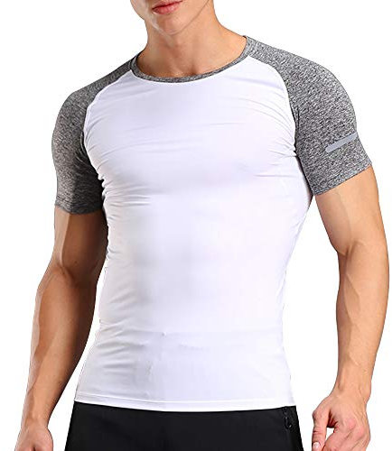 Muscle Alive Men Bodybuilding Compression Short Sleeve T Shirts Top Gym Sportswear Polyester and Spandex White M