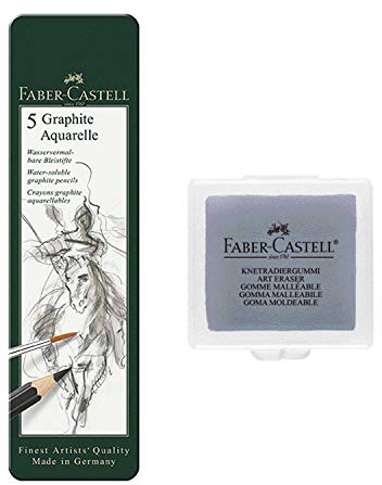Faber-Castell 117805-5 Aquarellbleistifte Graphite Aquarelle, Inhalt HB, 2B, 4B, 6B, 8B (5er + Knetradierer)