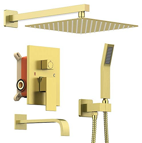 KOJOX 30,5 cm Duschsystem mit Hochdruck-Regenfall und Handbrause, Badewannen- und Duscharmatur-Verkleidungsset – Gebürstetes Gold