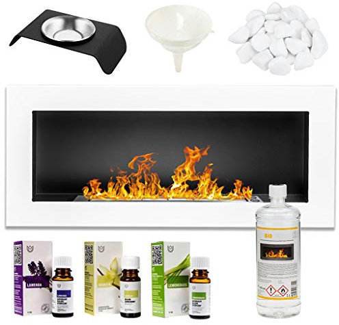 GMT - Bioethanol Eco Smokeless Fireplace White 90x40cm - Indoor Decorative Wall mounted or recessed Fire Heater Chimney - Modern Frame Design - Easy to Mount with Bio Liquid Fuel & Stones & Aroma Oils