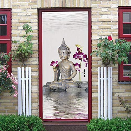 GSKBDQ 3D Autocollants De Porte Trompe l'oeil Fleurs d'art Bouddha Zen 77X200Cm Auto-Adhésif Stickers Porte Amovible Papier Peint Chambre Cuisine Salle De Bain Poster De Porte Stickers Muraux