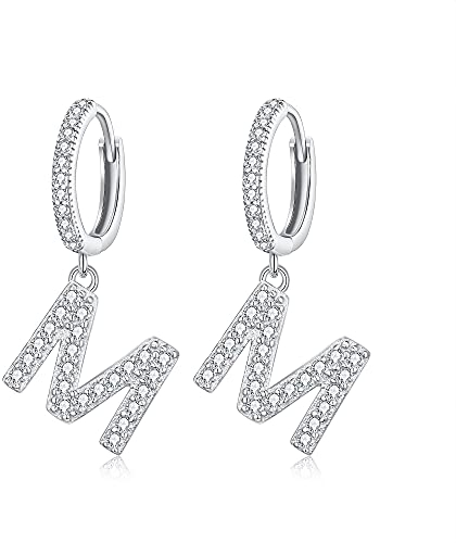 EVER FAITH Buchstabe Creolen 925 Sterling Silber Funkelnde Zirkonia Klein Letter M Personalisierter Huggie Hoop Initial Ohrringe für Damen Mädchen Silber-Ton
