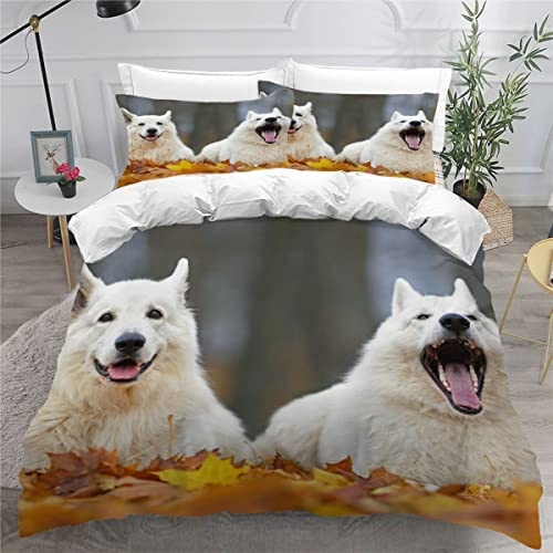 Bettwäsche 135x200 Schweizer Weisser SchäFerhund Bettbezug Set 3 teilig Weich Microfaser Bettwaren Süß Tier Hund Bettwäsche-Set für Kinder Teenager ReißVerschluss Bettbezug Mit 2 Kissenbezug 80x80cm