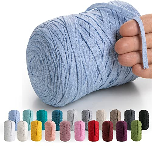 MeriWoolArt® Baumwollgarn Band Blau - 10mm T-Shirt Band Garn für Stricken, Makramee, Häkeln, Weben, Geschenkband - 150 m Baumwollband (Babyblau)