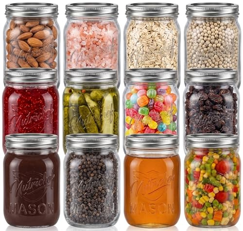 NutriChef Pots Mason avec Couvercles - Pots DIY de 16 Oz avec Couvercles Hermétiques et Banderoles - Idéal pour la Préparation de Repas, Flocons d'Avoine, Confiture, Miel, Bougies, Bricolage, Cadeaux