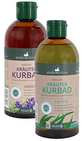 Kräuterbäder Melisse Eukalyptus Lavendel 2er Sets auswählbar Badezusatz INKLUSIVE 1x BADESCHWAMM Schaumbad Kurbad mit ätherischen Ölen Herbal Bath Herbamedicus (Lavendel + Eukalyptus + Badeschwamm)