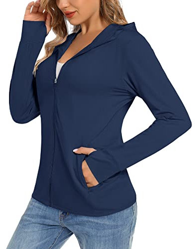 TACVASEN UV Protection T-Shirt Women Quick Dry Swimming Hooded Shirt Sun Protection Jacket Outdoor Work Hoodie Pockets Navy Blue
