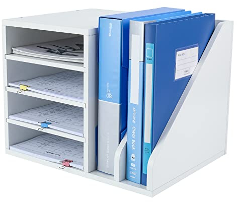 PAG Wood Desktop File Organizer Mail Sorter,Office Desk Letter Tray Desk Tidy Organiser A4 Paper Storage For File Folders, Mails, Envelopes or Magazines, White