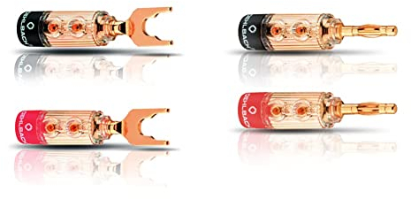 Oehlbach XXL Fusion Lug - High-End Kabelschuh-Verbinder für Kabel bis 6mm² -4 Stück -Gold & XXL Fusion Banana - High-End Bananenstecker für Kabel bis 6mm² - rot/schwarz Kennzeichnung - 4 Stück -Gold