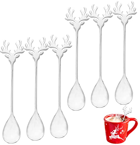 6 Pezzi Cucchiaini da Caffè di Natale, FUKPO Cucchiaio di Natale in Acciaio Inossidabile, Cucchiaio da Caffè Elk Dessert Dolce Tè Gelato di Natalizi Creativo Set Cucchiai Acciaio Inox Piccoli Argento