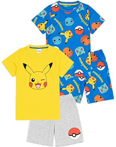 Pokémon Pokemon Boys Pyjama Set | 2 Pack Short Sleeve T-Shirt & Shorts PJs For Kids | Multicoloured All Over Print Pikachu Bulbasaur Charmander Squirtle Pyjamas Game Merchandise Gift for Children