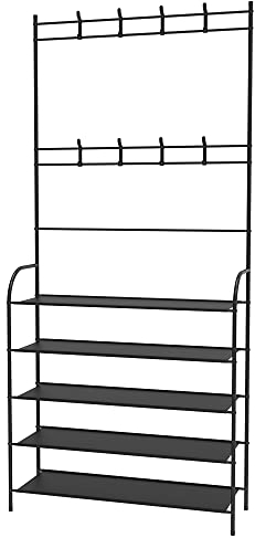 KEVO Porte manteau, Vestiaire Entrée, Meuble D’entrée avec Étagère à Chaussures à 5 Niveaux, Portemanteau avec Organisateur de Rangement pour Chaussures, 80 * 25 * 172cm (noir -5 couches)