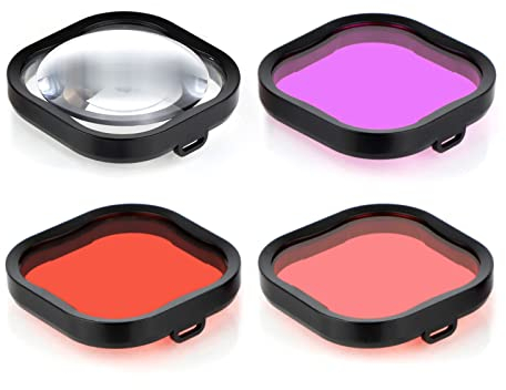 GEPULY Confezione da 4 filtri subacquei per GoPro Hero 8 9 10 11 12 nero custodia impermeabile ufficiale in rosso, boccaglio, magenta e 5 filtri close-up HD per correzione del colore subacqueo