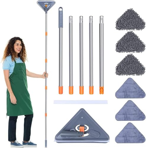 Long Handle 360° Rotating Triangle Mop - 6 Replaceable Pads, Dry & Wet Use for Floor, Ceiling, Window & Wall Cleaning