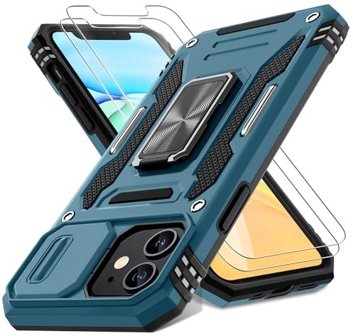 DEERLAMN Case for iPhone 11 with Slide Camera Cover+Screen Protector(2 Packs),Rotated Ring Kickstand Military Grade Shockproof Protective Cover-Light Blue