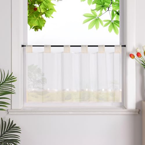 HeichkelL Scheibengardine mit Schlaufen Leinenoptik Gardine Halbtransparent Bistrogardine Landhausstil Kurzstores Beige HxB 60x145cm
