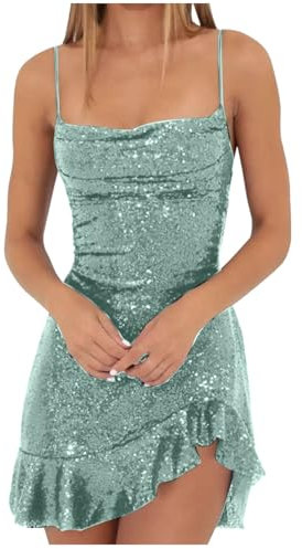 HAOLEI Womens Sparkly Ruffled Mini Bodycon Dress - Sequin Sleeveless Wrapped Evening Wedding Guest Dinner Dance Party Elegant Ladies Glitter Sexy Prom Cami Mint Green