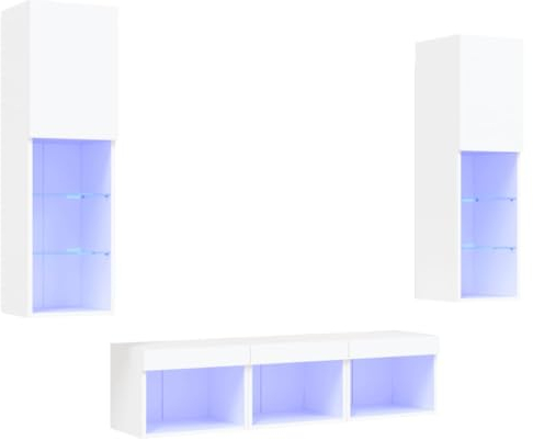 vidaXL Wohnwand 5-TLG., Schrankwand mit viel Stauraum, Anbauwand mit LED-Beleuchtung, Wandmontage Fernsehschrank Wohnzimmer Set Schrank, Weiß Holzwerkstoff