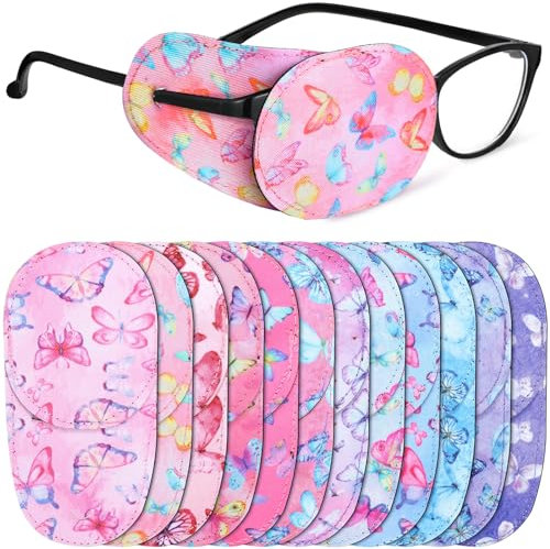Newcotte Lot de 12 cache-œil réutilisables pour enfants filles et garçons pour lunettes au-dessus des verres - Cache-œil coloré pour tout-petits - Adorables patchs assortis (papillon)