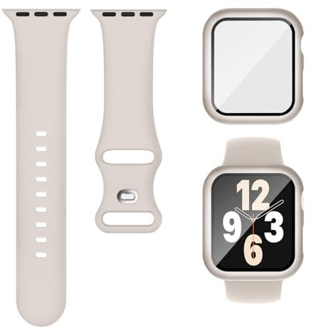 3-IN-1 Kompatibel mit Apple Watch Armband + Hülle + Displayschutz 40mm 41mm 44mm 45mm, Sport Silikon Band + Hard Hülle Mit Glas Kompatibel für iWatch Series SE 9 8 7 6 5 4 Damen Herren Polartern