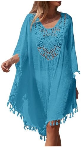 Women's Swim Cover-Ups Baggy Beach Cover Up Long Sleeves Hollow Out V Neck Crochet Dress Tassel Bikini Cover Up Sarong Bathing Suit Loose Lightweight Kaftan Plus Size Bohemian Dress Swimsuit