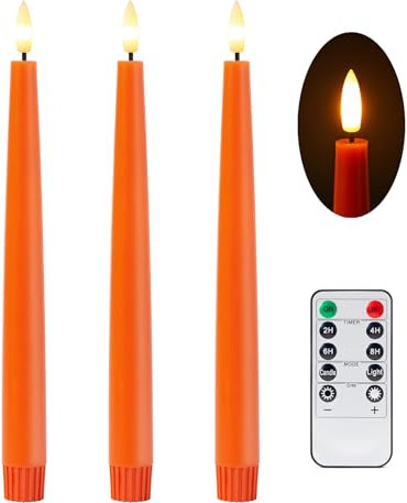 Stmarry Orange LED Flameless Taper Candles with Remote and Timer, 9.65 Inch Real Wax Made Flameless Candlesticks, Dripless Battery Operated Candles with 3D Flickering Flame - Set of 3