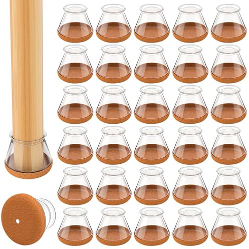 32 Stück Stuhlbeinkappen, Transparent Silikon schutzkappen für stuhlbeine mit eingewickeltem Filz, Rund filzgleiter für stühle, Stuhlbeinschoner für Hartholzböden(Fit:20.1-30mm)