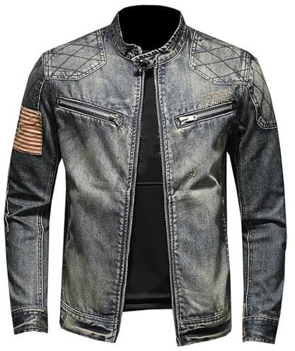 SYDUZAX Giacca di Jeans Uomo Offerte Giacca in Denim Vintage a Maniche Lunghe Tinta Unita Girocollo con Cerniera e Tasche Giacca Elegante Casual Slim Fit Classica in Stile Western