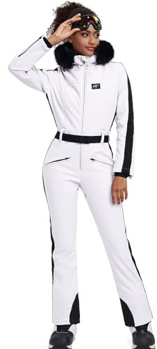 HOTIAN Damen Skianzug Einteiler Skioverall Winter Warme Damen Schneeanzug Wasserdicht Winddicht skibekleidung Schneeoverall Jumpsuit Mit Kapuze White L