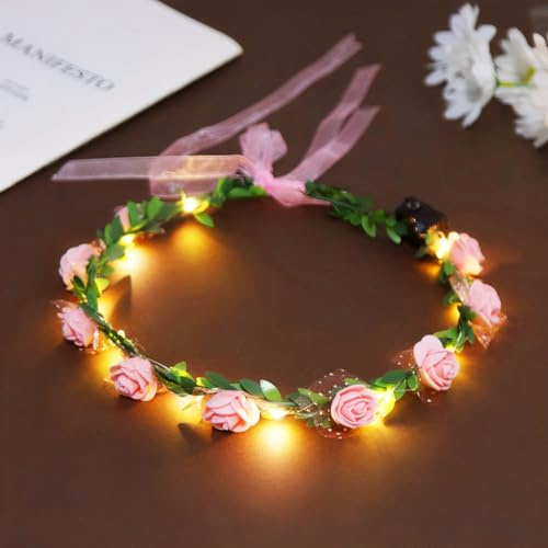 Blumenkranz Haare Leuchtend, LED Haarschmuck Blume, Haarkranz Leuchtend, Leucht Haarreif Festival, LED Kopfschmuck für Frauen Braut Mädchen für Karneval Halloween Hochzeiten (Rosa)