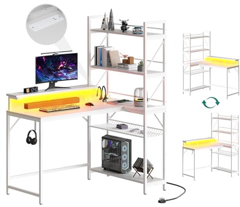 YITAHOME L Shaped Gaming Desk with Power Outlets & LED Lights Corner Desk with Shelves 106CM Reversible Computer Desk with Storage Shelves Gaming Desk with Hooks for Home Office Small Space (White)