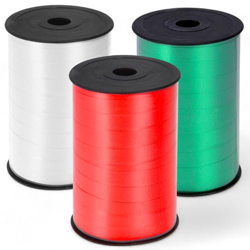 MIJOMA Geschenkband 3 Rollen je 150m, 10mm breites Ringelband in Weiß, Rot und Grün, Ideal zum Basteln, Dekorieren & Verpacken zu jedem Anlass
