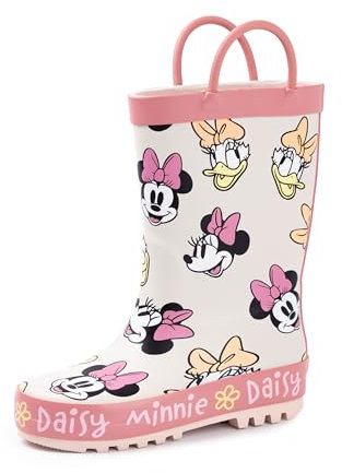 Disney Stivali Wellington per ragazze Minnie Mouse | Stivali di gomma per bambini con stampa integrale del personaggio di Minnie e Daisy in beige e rosa | Stivali di gomma facili da indossare