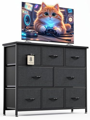 MUTUN Chest of Drawers, Dresser for Bedroom with 8 Drawers, Fabric Drawer Cabinet with Easy Pull Handle, Dressers with Wood Top and Sturdy Steel Frame for TV Stand, Black