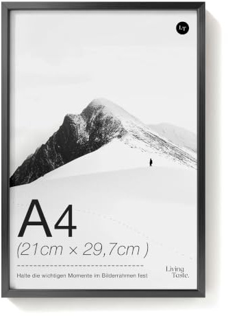 LIVINGTASTE 1 Stück Bilderrahmen A4 - Aluminium Schwarz Rahmen | gebürstet mit gehärtetem Glas fur 21x29.7 cm Fotos Fotorahmen für Poster und Wohnzimmer Kinderzimmer Deko Galerie