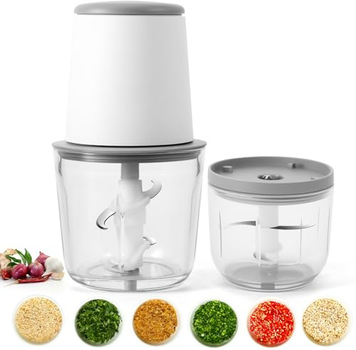 OUZHOU Mini Chopper Food Processor with 2 Bowls 2 Sets Blades, Food Processors Electric Meat Grinder Vegetable Chopper Glass Container, USB Rechargeable Mini Blender for Meat, Smoothie, Onions, Fruit