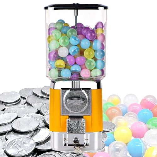 Distributeur automatique de bonbons, machine à chewing-gum à pièces, 200 boules vides, 100 jetons en acier inoxydable, tirelire à pièces for capsules de jouets, boules rebondissantes, bonbons(Yellow)