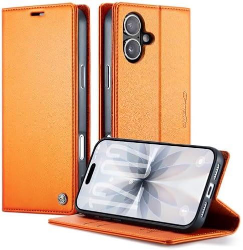 owlhold Handyhülle iPhone 17 hülle klapphülle Premium PU Leder,RFID Schutzhülle,Faltbare Ständer,Handytasche Lederhülle Kartenfach Standfunktion hülle für iPhone 17 - Orange