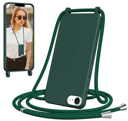 Yxnvixn Crossbody Lanyard Case for iPhone 7, Liquid Silicone Shockproof Protective Mobile Phone Cover with Strap Adjustable Neck Cord Necklace TPU Soft Shell, Dark Green