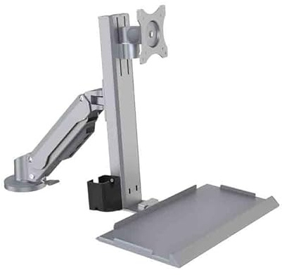 Workstations Silver Single Arm Monitor Stand with Engineered Keyboard Tray Adjustable for 15-32 Inch Screen Weight Capacity 25kg Gaming rigs