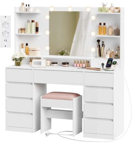 VASAGLE Kailyn Kollektion - Schminktisch mit Spiegel und LED-Leuchten, Hocker, Steckdosenleiste, 9 Schubladen, 9 dimmbare Glühbirnen, 3 Lichtfarben, werkzeuglose Gleitschienen, wolkenweiß | Hocker, Steckdosenleiste, 9 Schubladen, 9 dimmbare Glühbirnen, 3 Lichtfarben, wolkenweiß, KAILYN Kollektion
