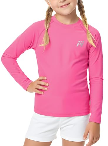 MEETWEE Girl Rash Guard Rash Vest, UPF50+ Sun Protection UV Short Sleeve Top, Children Swimming Shirt Quick Dry Rosered