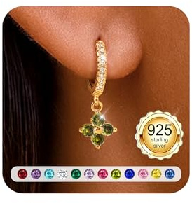 ZOERAY Geburtsstein Ohrringe Gold Hängend für Damen Mädchen Wasserfest Frau | 18K Vergoldete Ohrringe Creolen mit Anhänger,Kleeblatt Goldene Ohrringe Stein Rot Grün Blau,Damenohrringe Geburtstag Geschenk